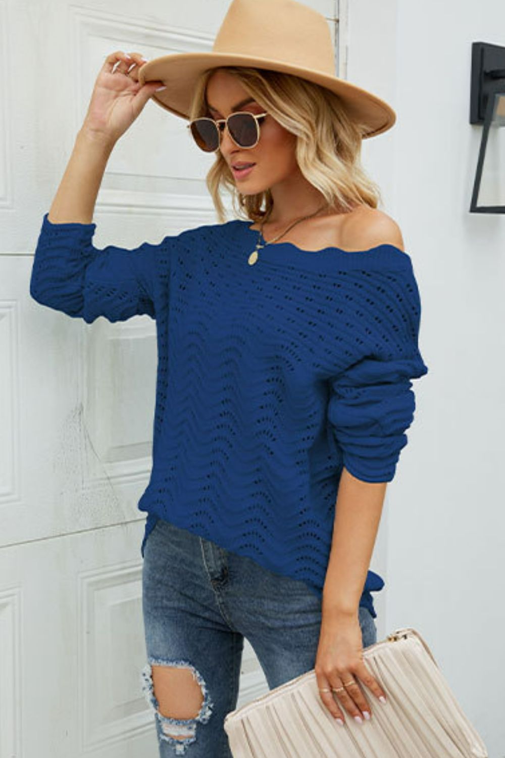 Scalloped Boat Neck Openwork Tunic Sweater  Shirts & Tops- Doll Fits