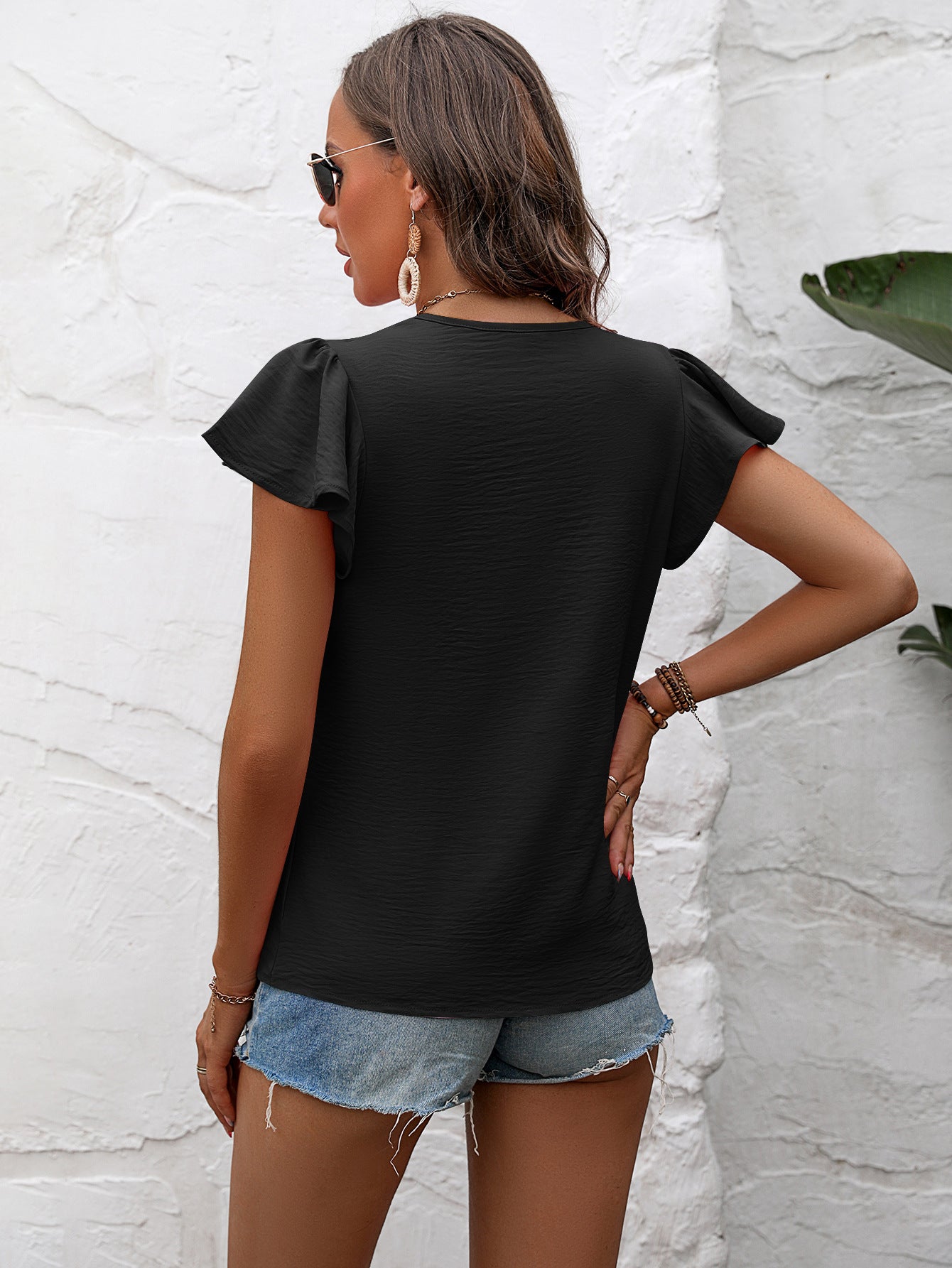 Textured Flutter Sleeve Blouse  Shirts & Tops- Doll Fits