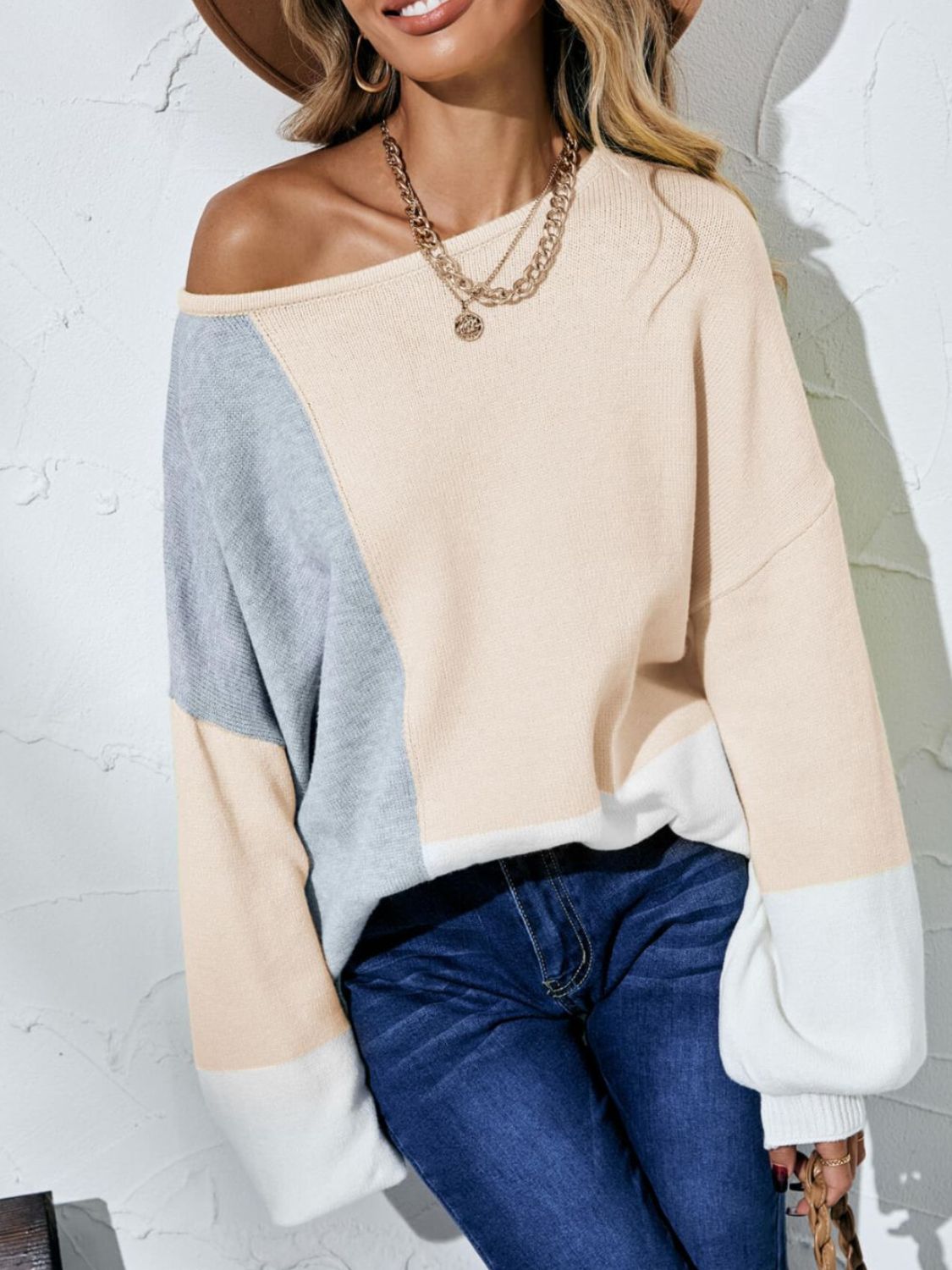 Color Block Balloon Sleeve Boat Neck Sweater  Shirts & Tops- Doll Fits