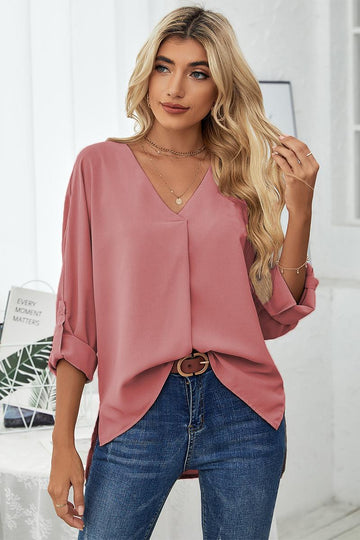 Roll-Tab Sleeve V-Neck Blouse  Shirts & Tops- Doll Fits