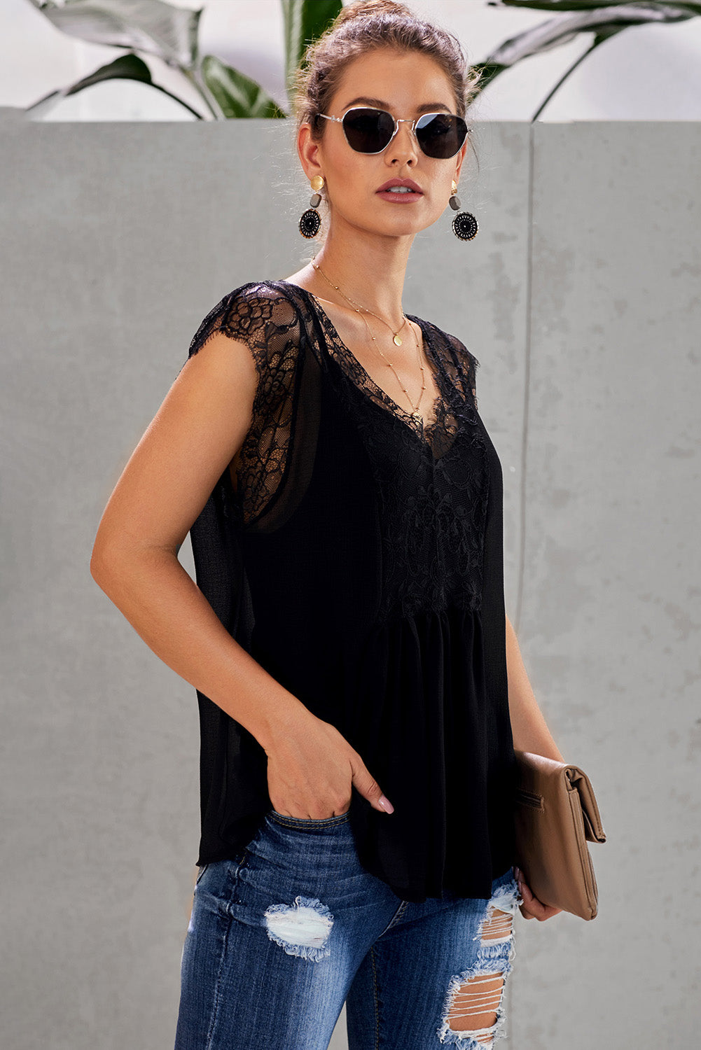 Eyelash Trim Spliced Lace V-Neck Tank  Shirts & Tops- Doll Fits