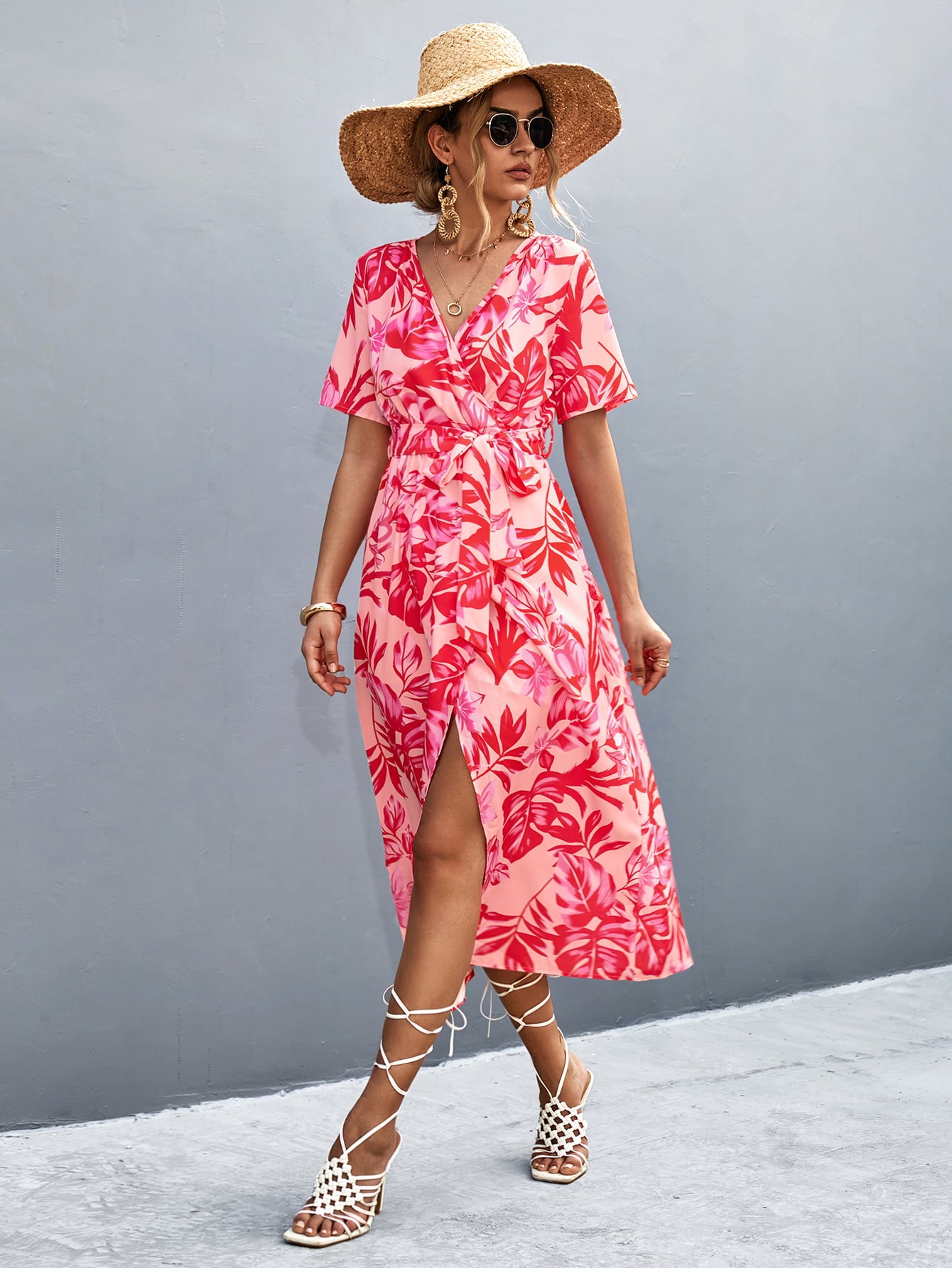 Floral Print High Slit Surplice Neck Tie Waist Midi Dress  Dresses- Doll Fits