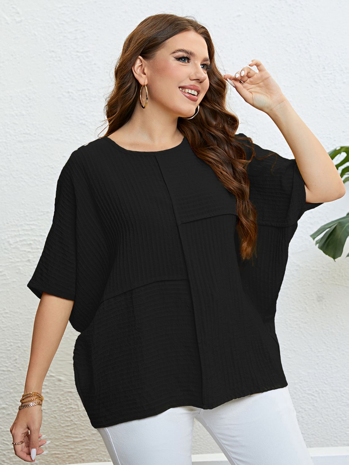 Plus Size Seam Detail Half Sleeve Top  Shirts & Tops- Doll Fits
