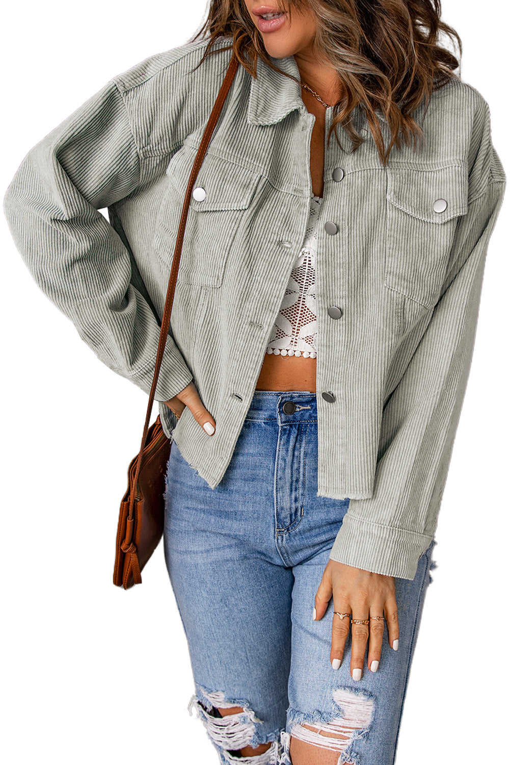 Raw Hem Button Down Corduroy Jacket with Pockets  Coats & Jackets- Doll Fits