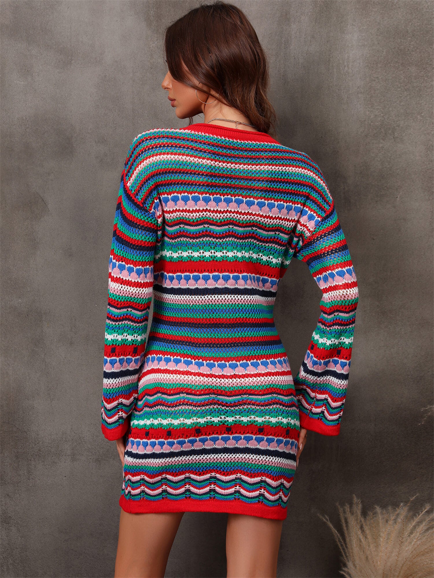 Multicolored Stripe Dropped Shoulder Sweater Dress  Dresses- Doll Fits