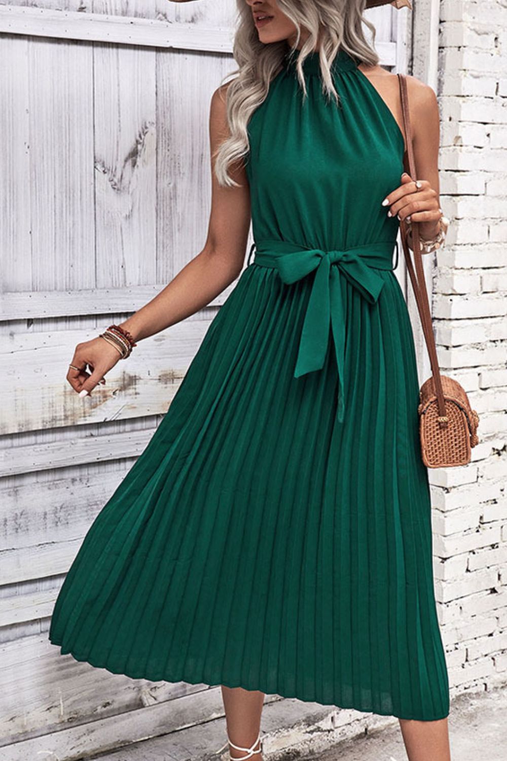 Tie Belt Pleated Midi Dress  Dresses- Doll Fits