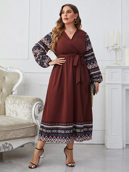 Melo Apparel Plus Size Surplice Neck Tie Belt Balloon Sleeve Dress  Dresses- Doll Fits