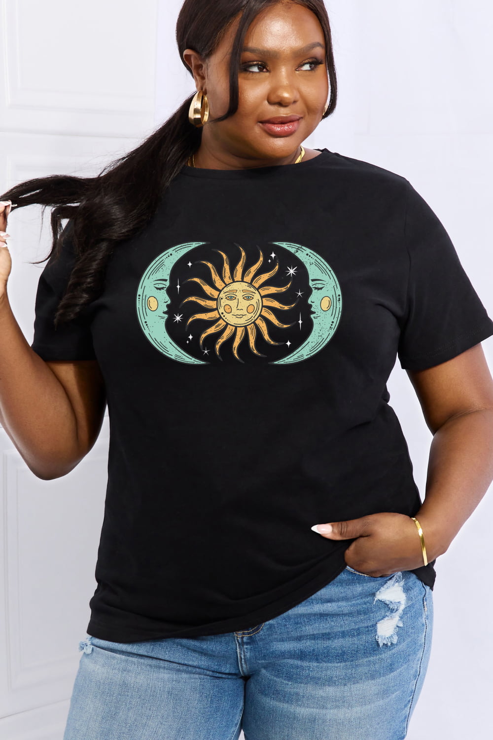 Simply Love Full Size Sun & Moon Graphic Cotton Tee  Shirts & Tops- Doll Fits