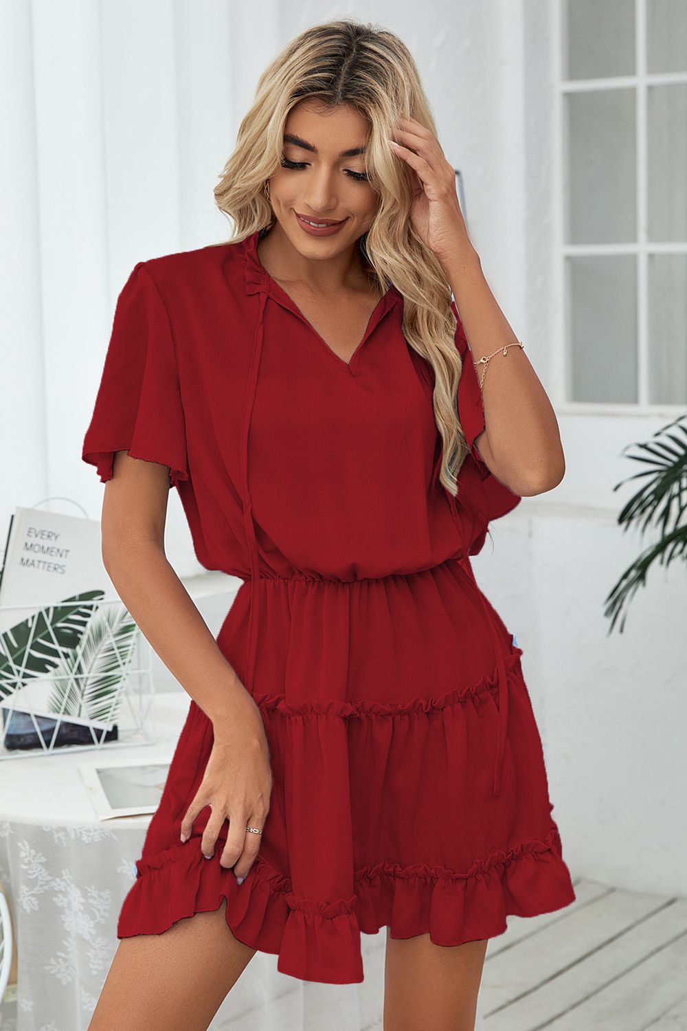 Tie Neck Frill Trim Short Sleeve Mini Dress  Dresses- Doll Fits