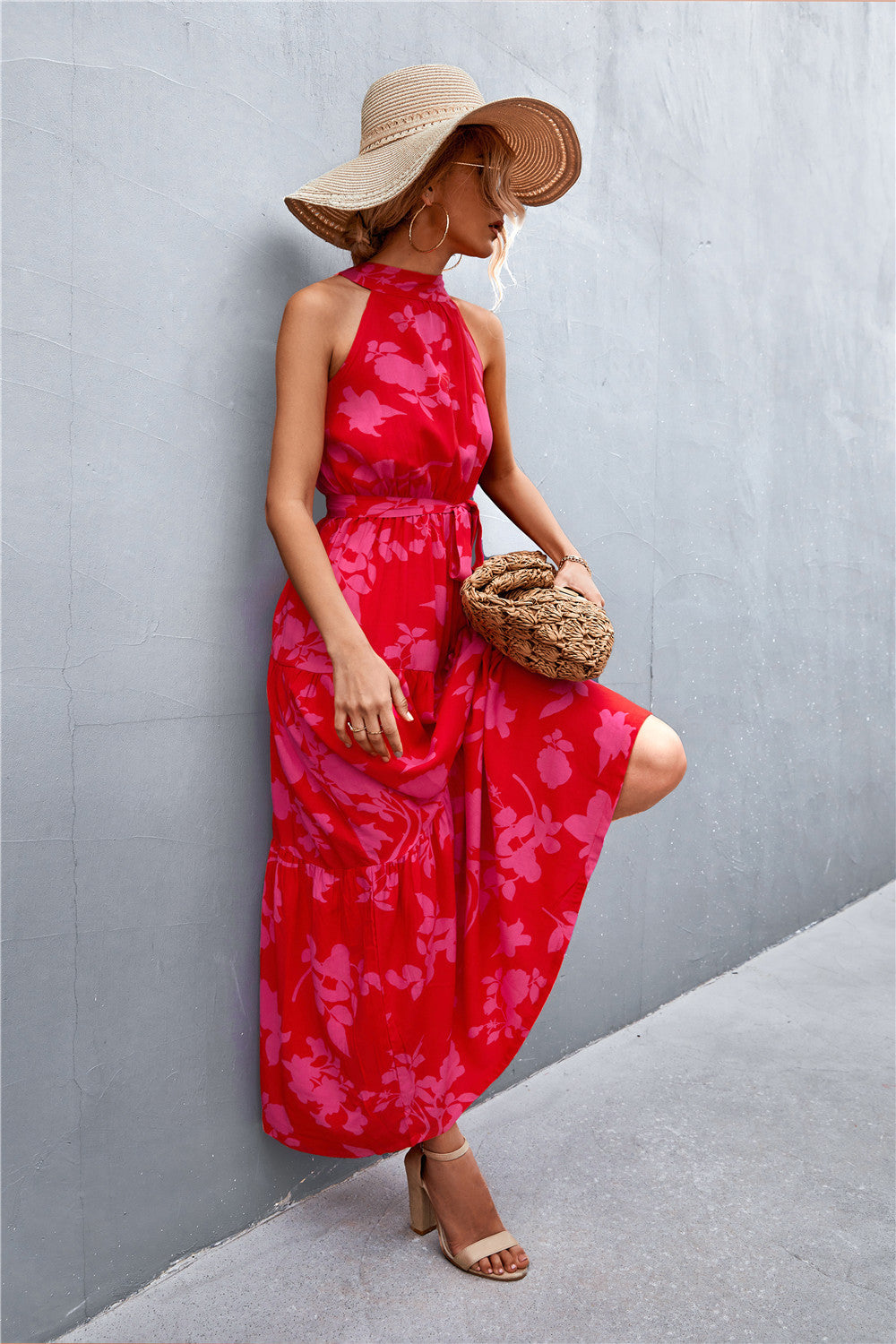 Printed Sleeveless Tie Waist Maxi Dress  Dresses- Doll Fits