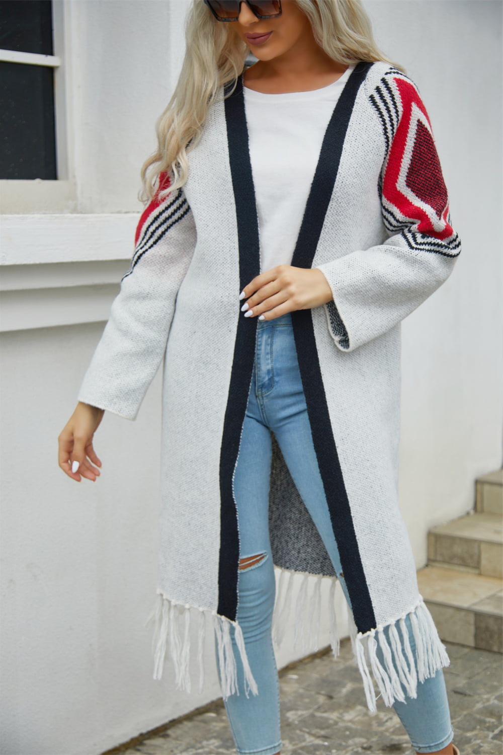 Double Take Geometric Fringe Hem Open Front Duster Cardigan  - Doll Fits