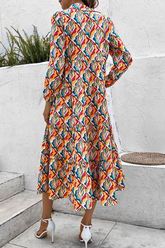Printed Collared Neck Long Sleeve Dress  Dresses- Doll Fits