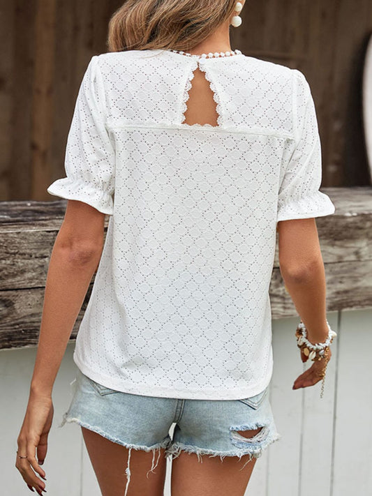 Pom Pom Detail Openwork Flounce Sleeve Blouse  Shirts & Tops- Doll Fits