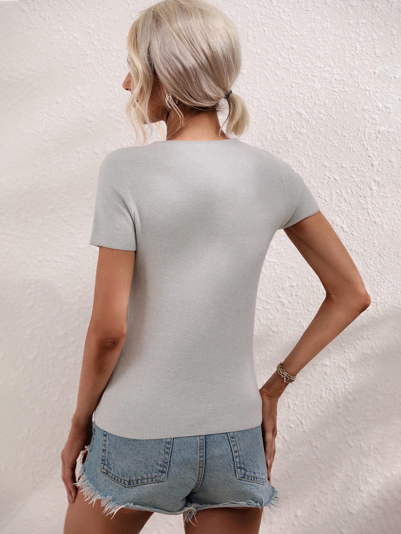 Cutout Round Neck Short Sleeve Knit Top  Shirts & Tops- Doll Fits