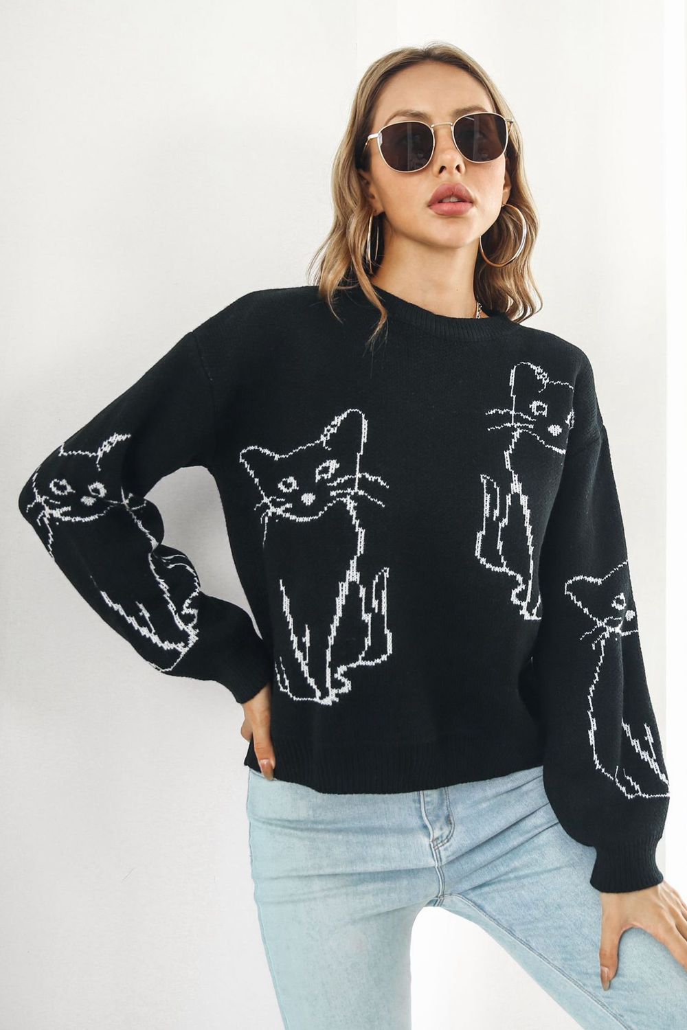Cat Pattern Round Neck Long Sleeve Pullover Sweater  - Doll Fits