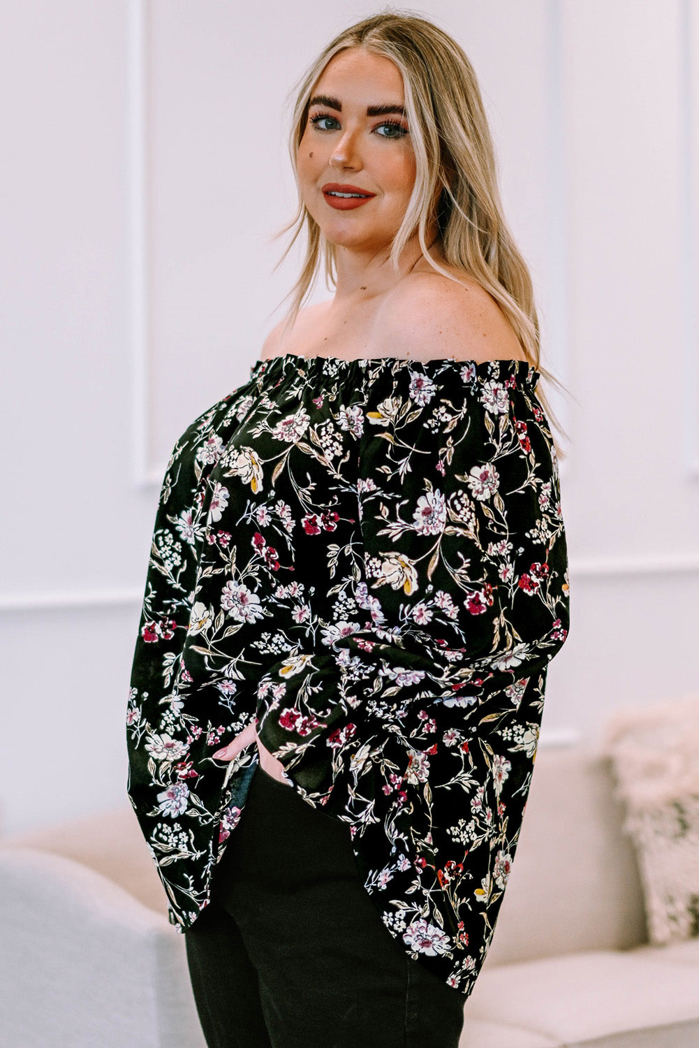 Plus Size Floral Frilled Off-Shoulder Blouse  Shirts & Tops- Doll Fits