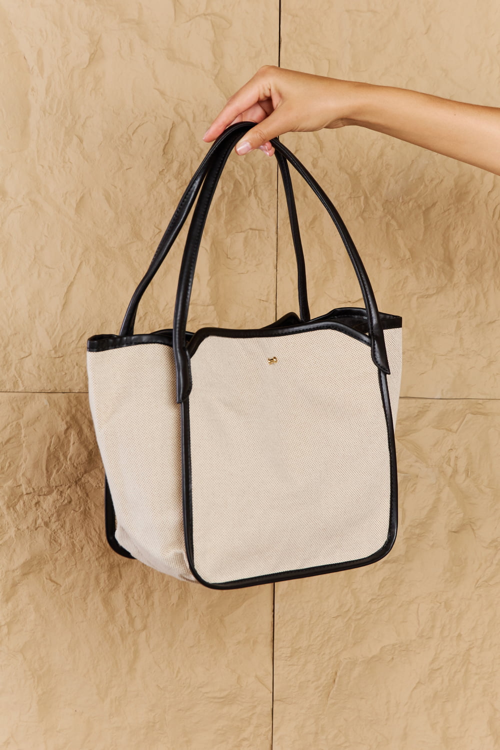 Fame Beach Chic Faux Leather Trim Tote Bag in Black  - Doll Fits