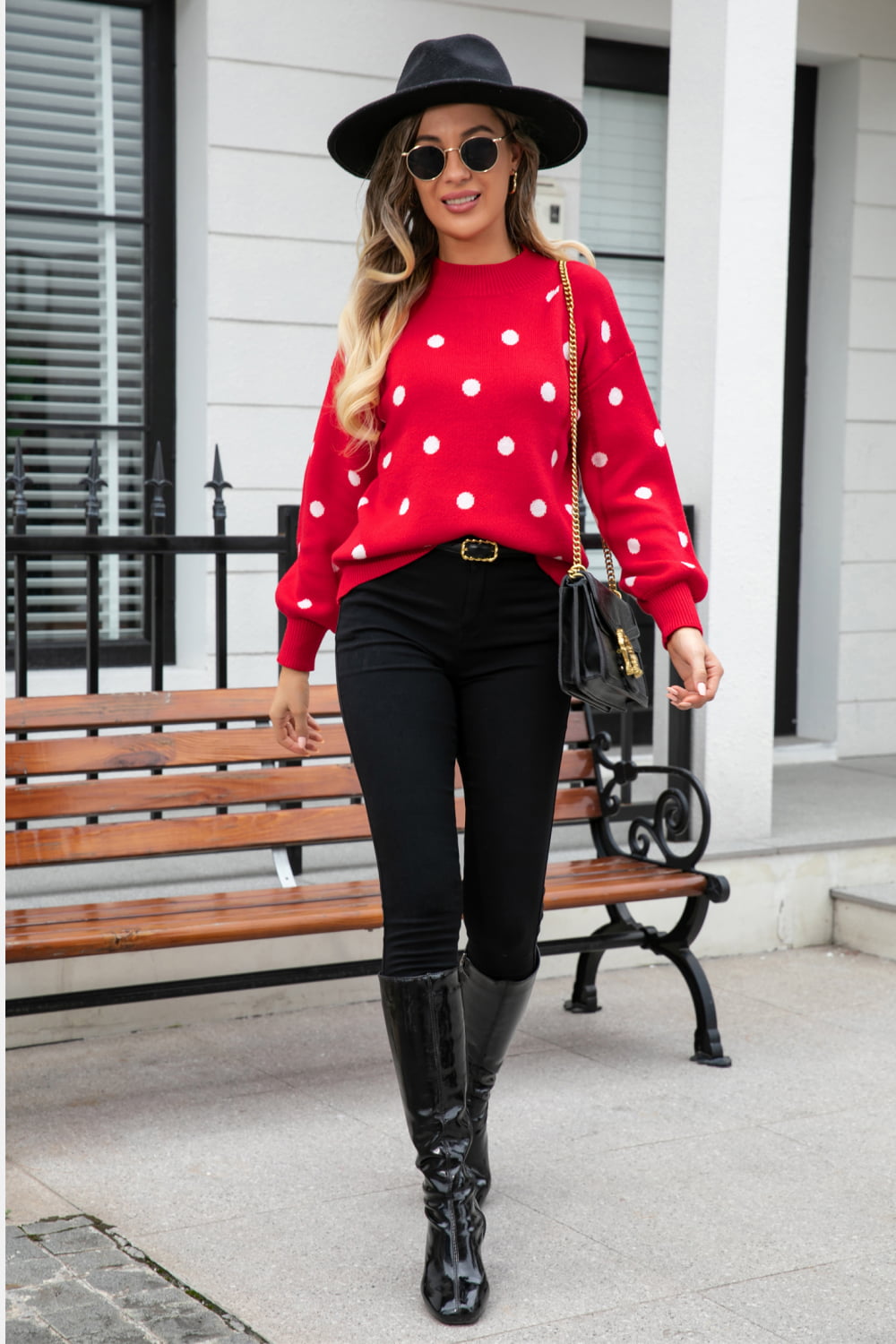 Woven Right Polka Dot Round Neck Dropped Shoulder Sweater  - Doll Fits