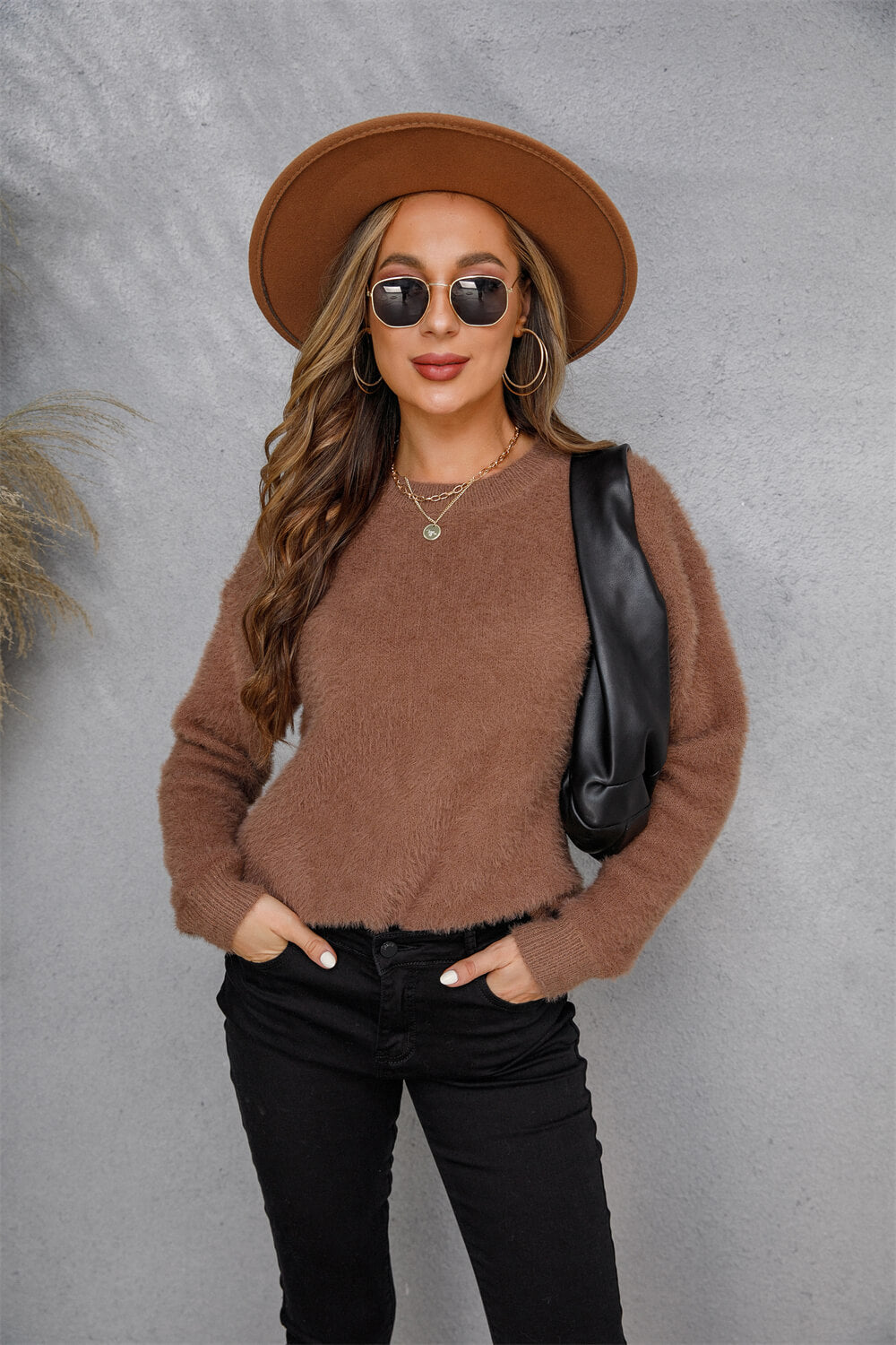 Dropped Shoulder Round Neck Fuzzy Sweater  Shirts & Tops- Doll Fits