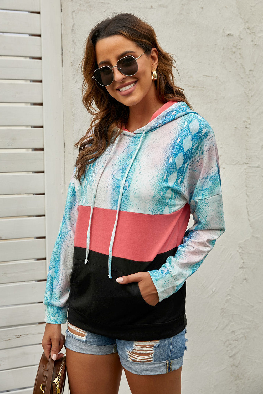 Snake Print Color Block Drawstring Detail Hoodie  Shirts & Tops- Doll Fits