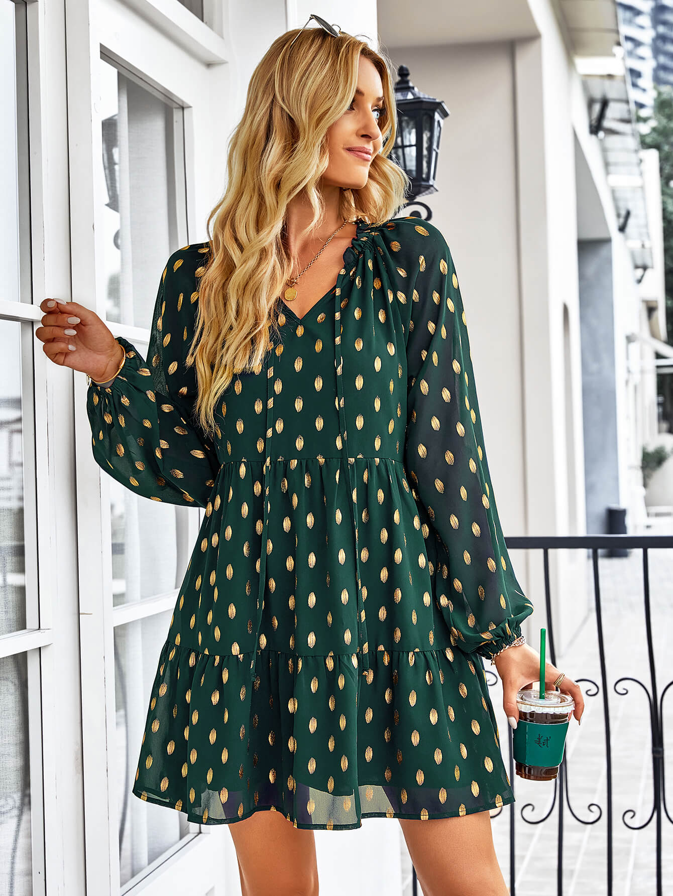 Dotted Tie-Neck Frill Trim Tiered Dress  Dresses- Doll Fits