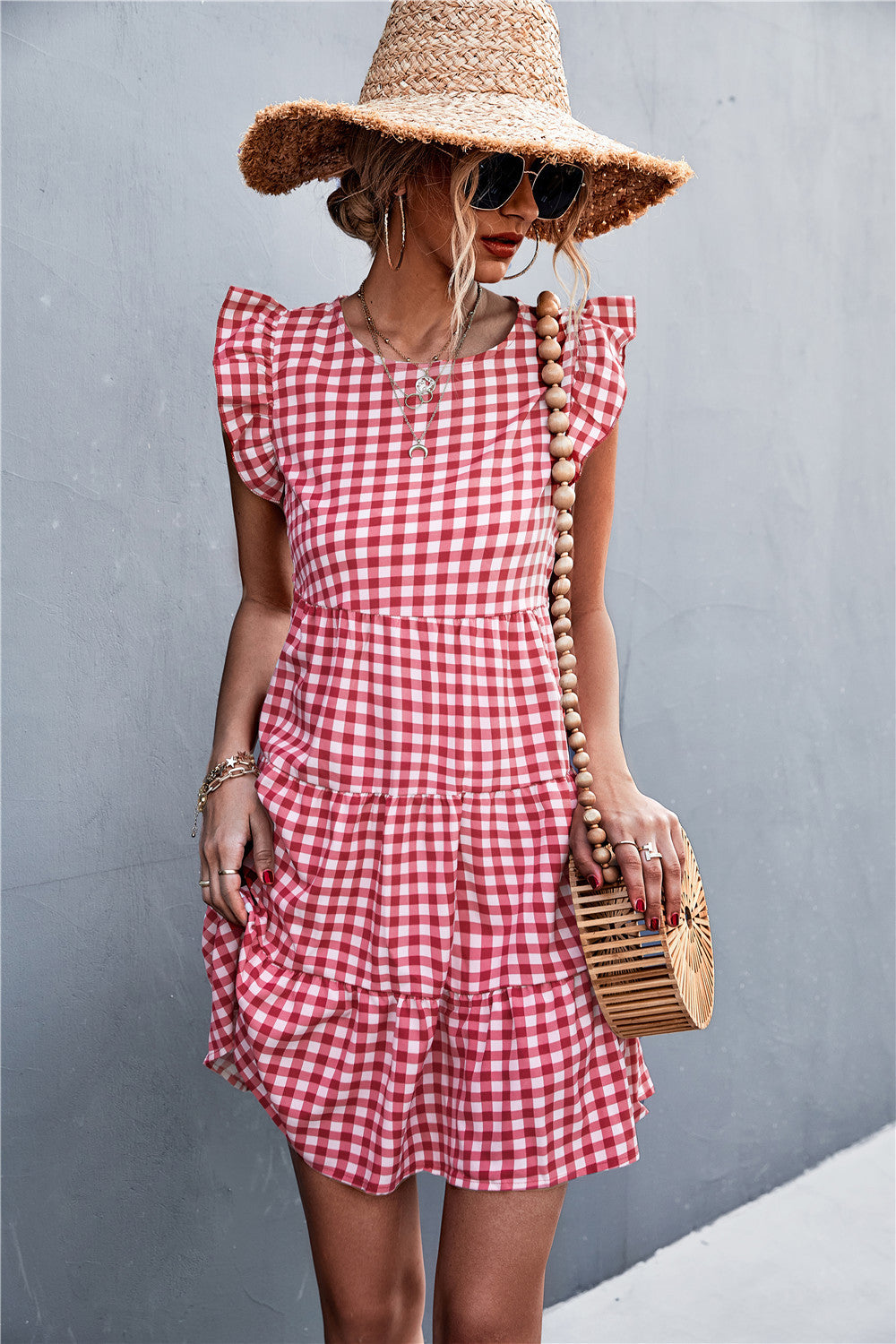 Gingham Ruffle Shoulder Tiered Dress  Dresses- Doll Fits