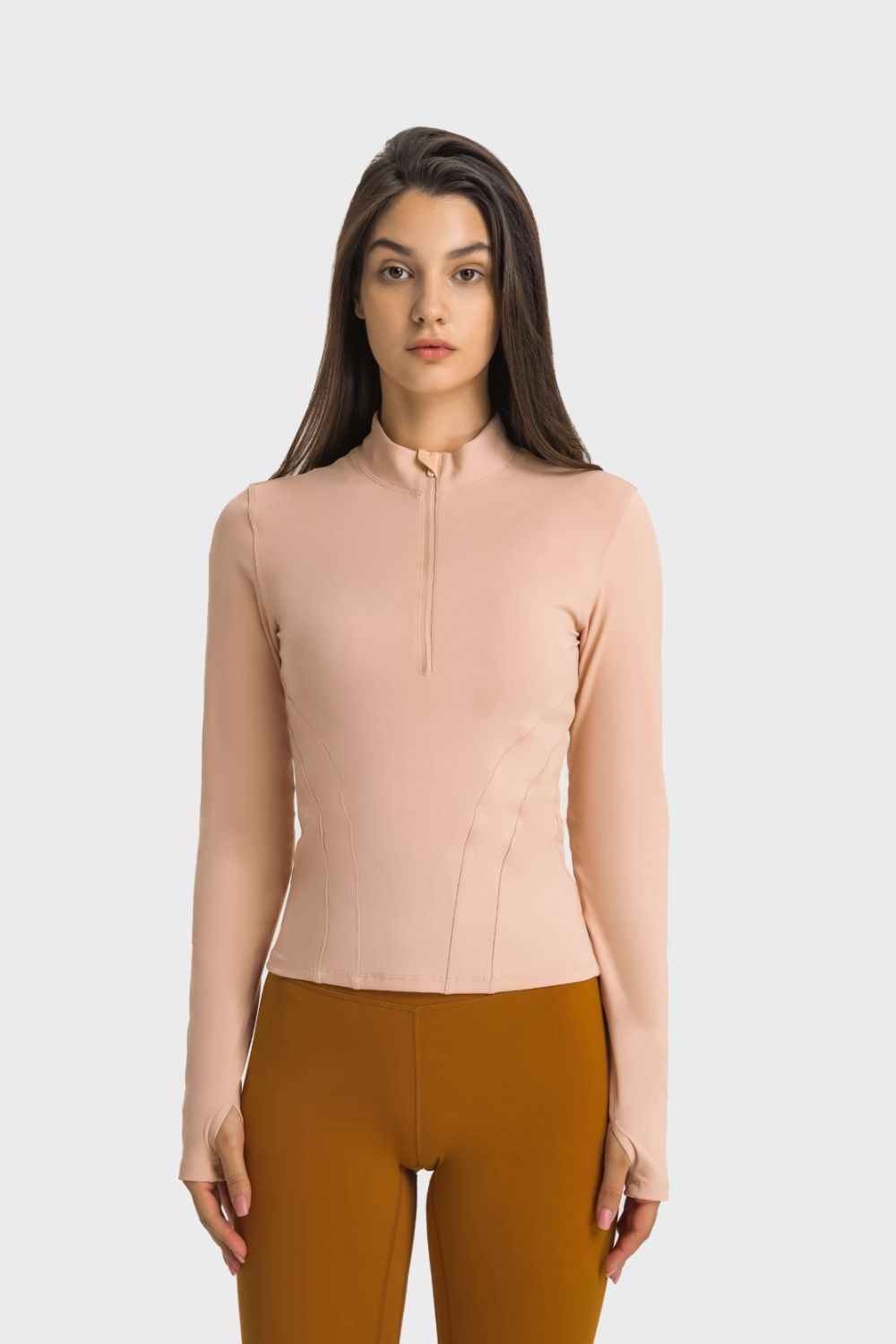 Half Zip Thumbhole Sleeve Sports Top  Activewear- Doll Fits