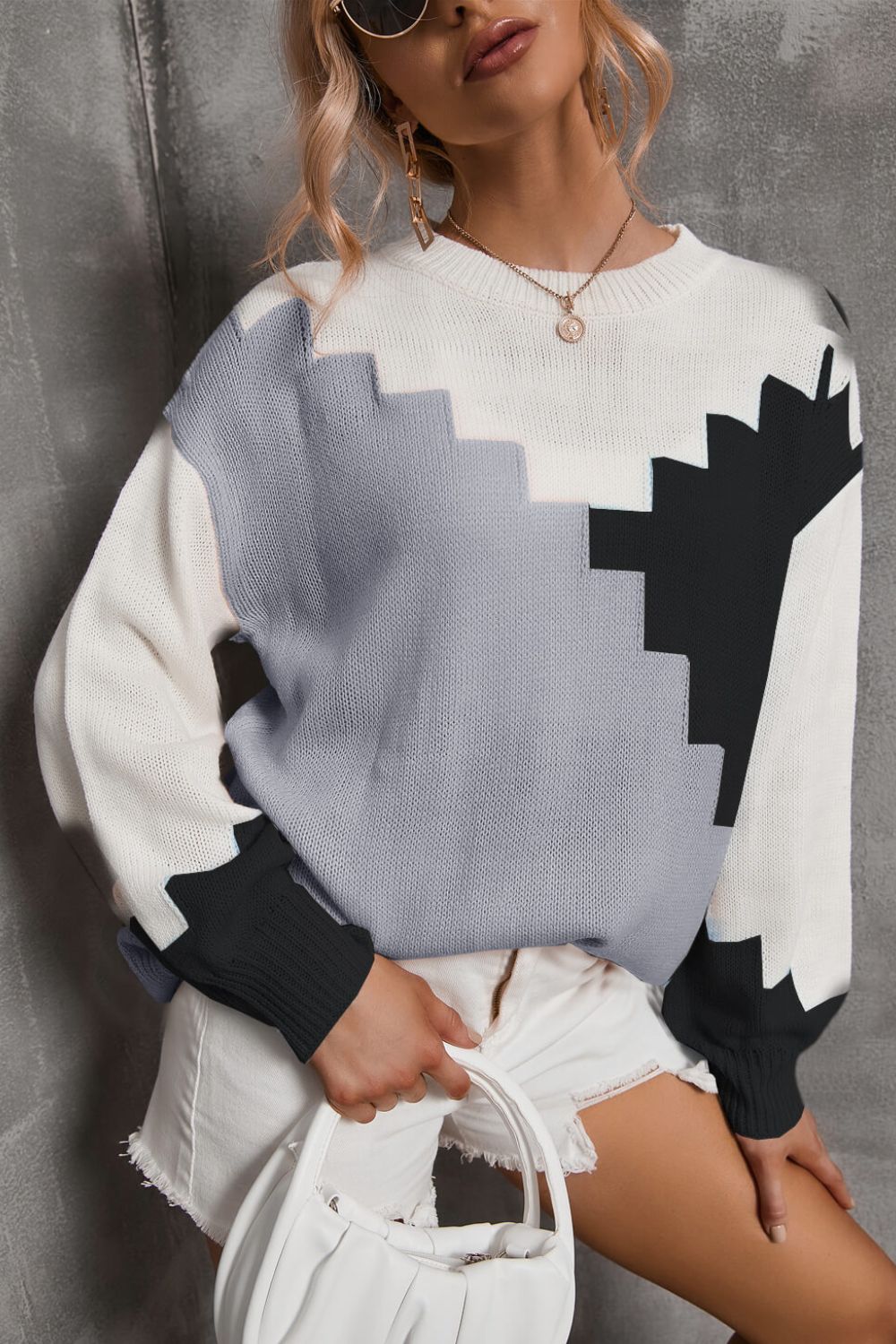 Color Block Dropped Shoulder Knit Pullover  Shirts & Tops- Doll Fits