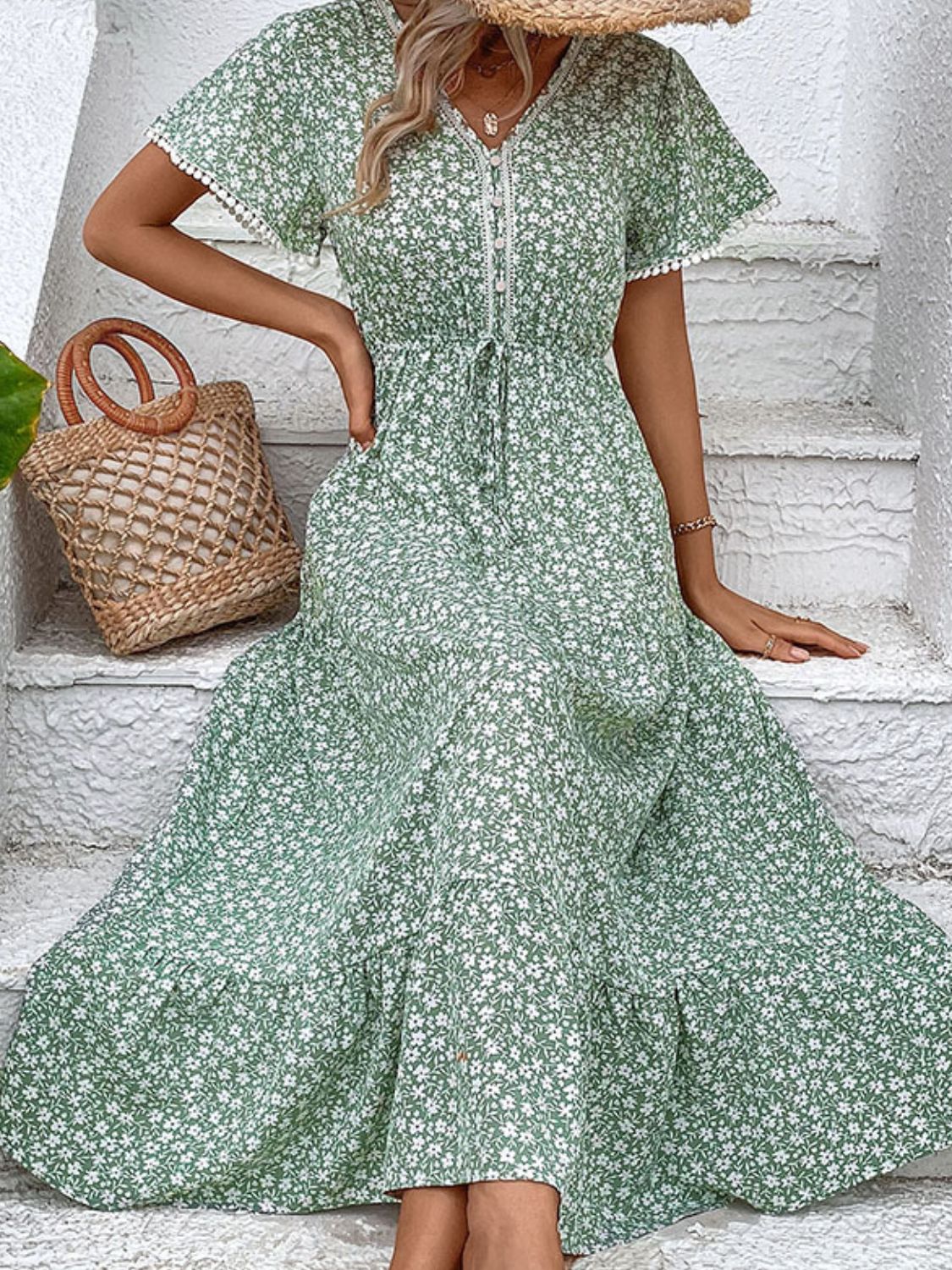 Ditsy Floral V-Neck Tiered Dress  Dresses- Doll Fits