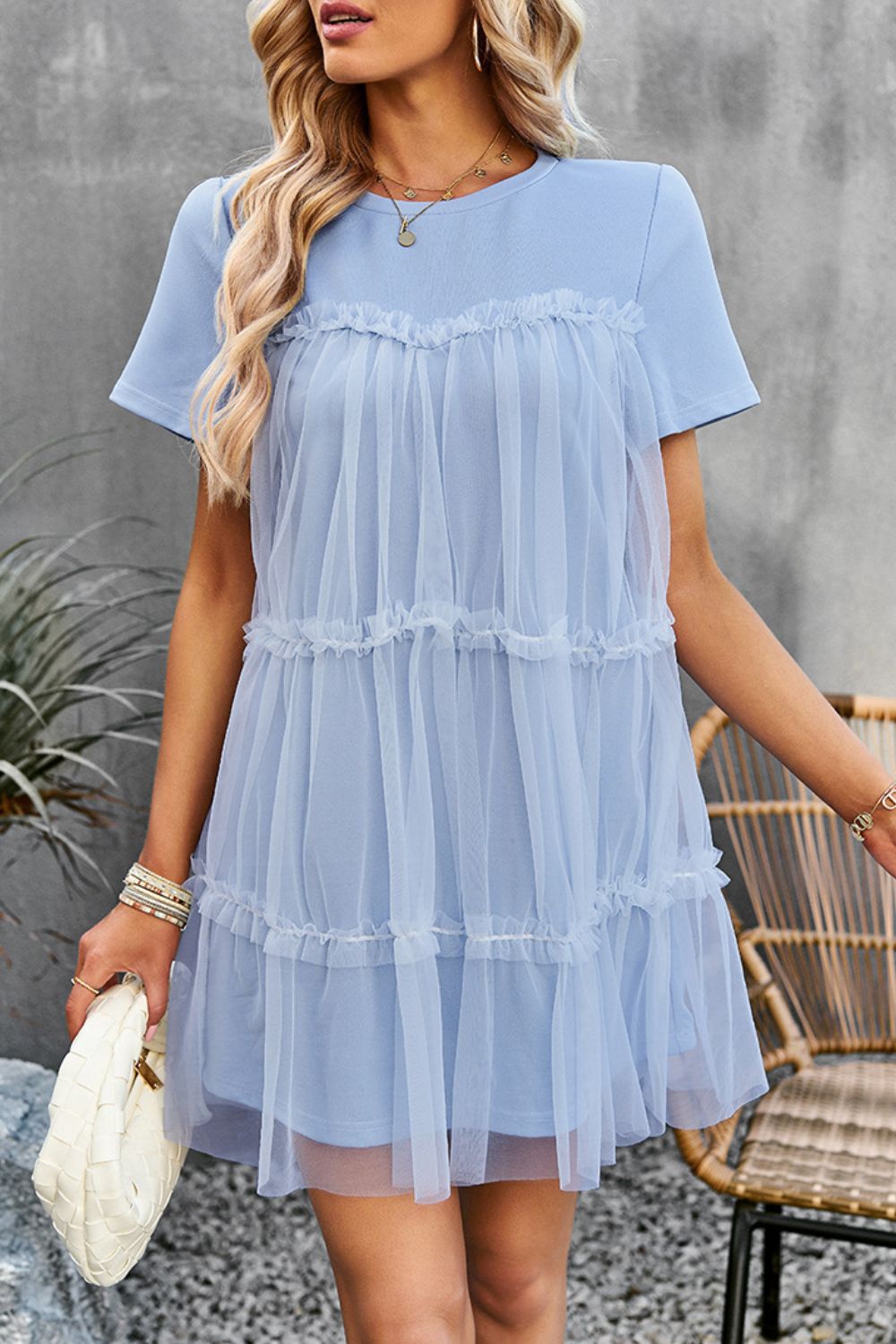 Frill Trim Spliced Mesh Mini Dress  Dresses- Doll Fits