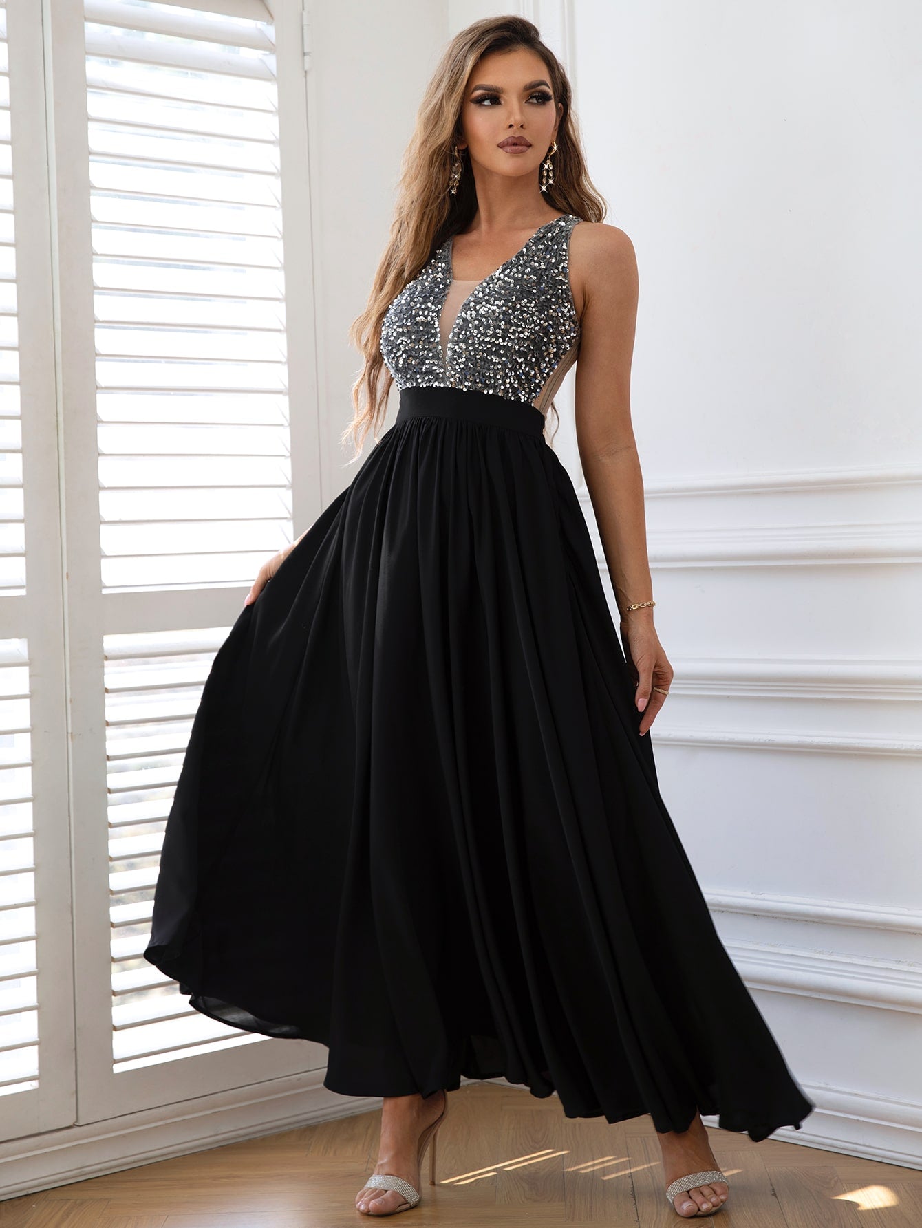 Contrast Sequin Sleeveless Maxi Dress  Dresses- Doll Fits