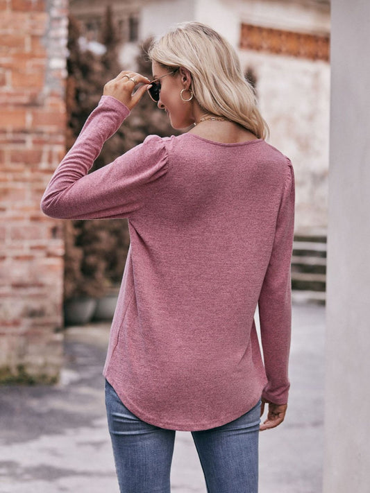 Pleated Detail Curved Hem Long Sleeve Top  Shirts & Tops- Doll Fits