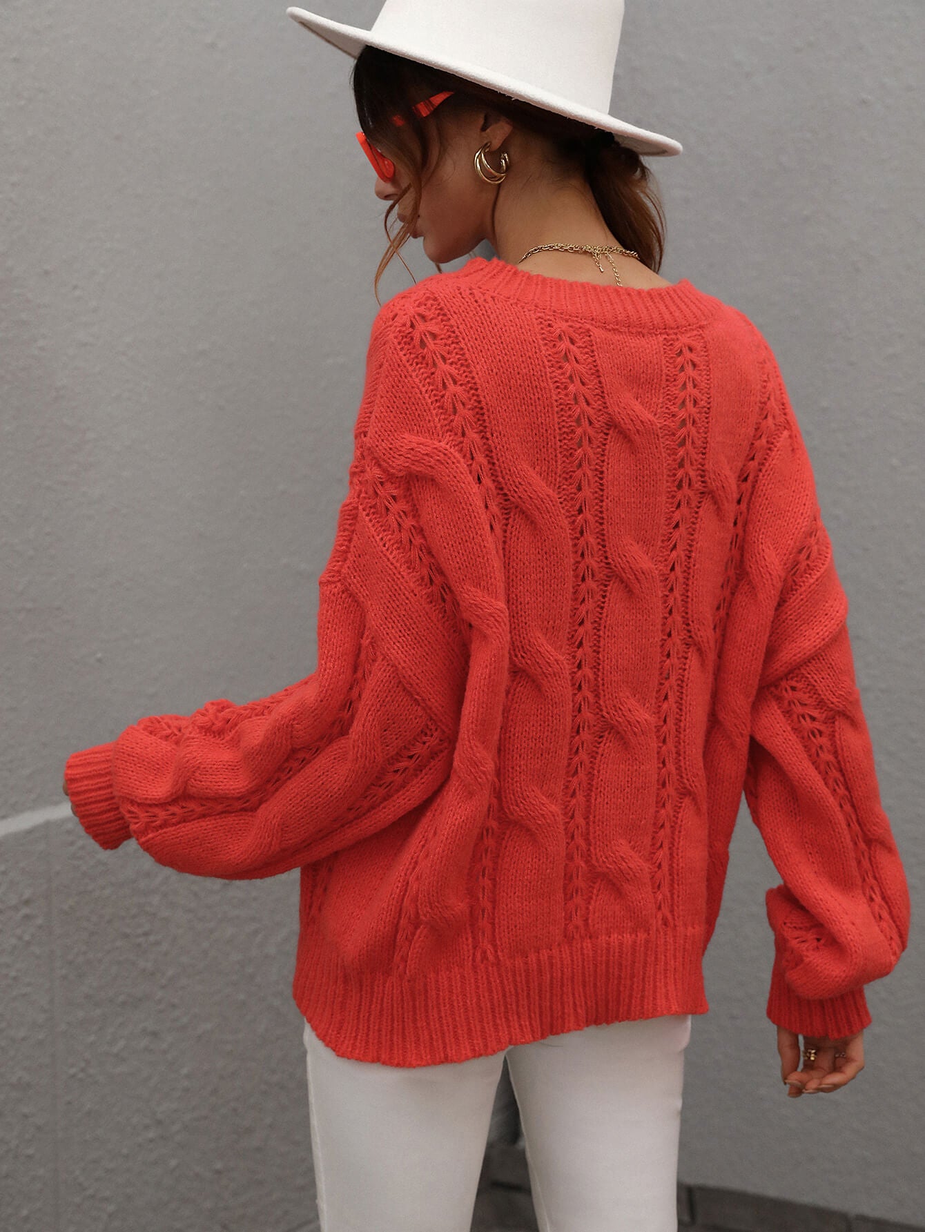 Cable-Knit Openwork Round Neck Sweater  Shirts & Tops- Doll Fits