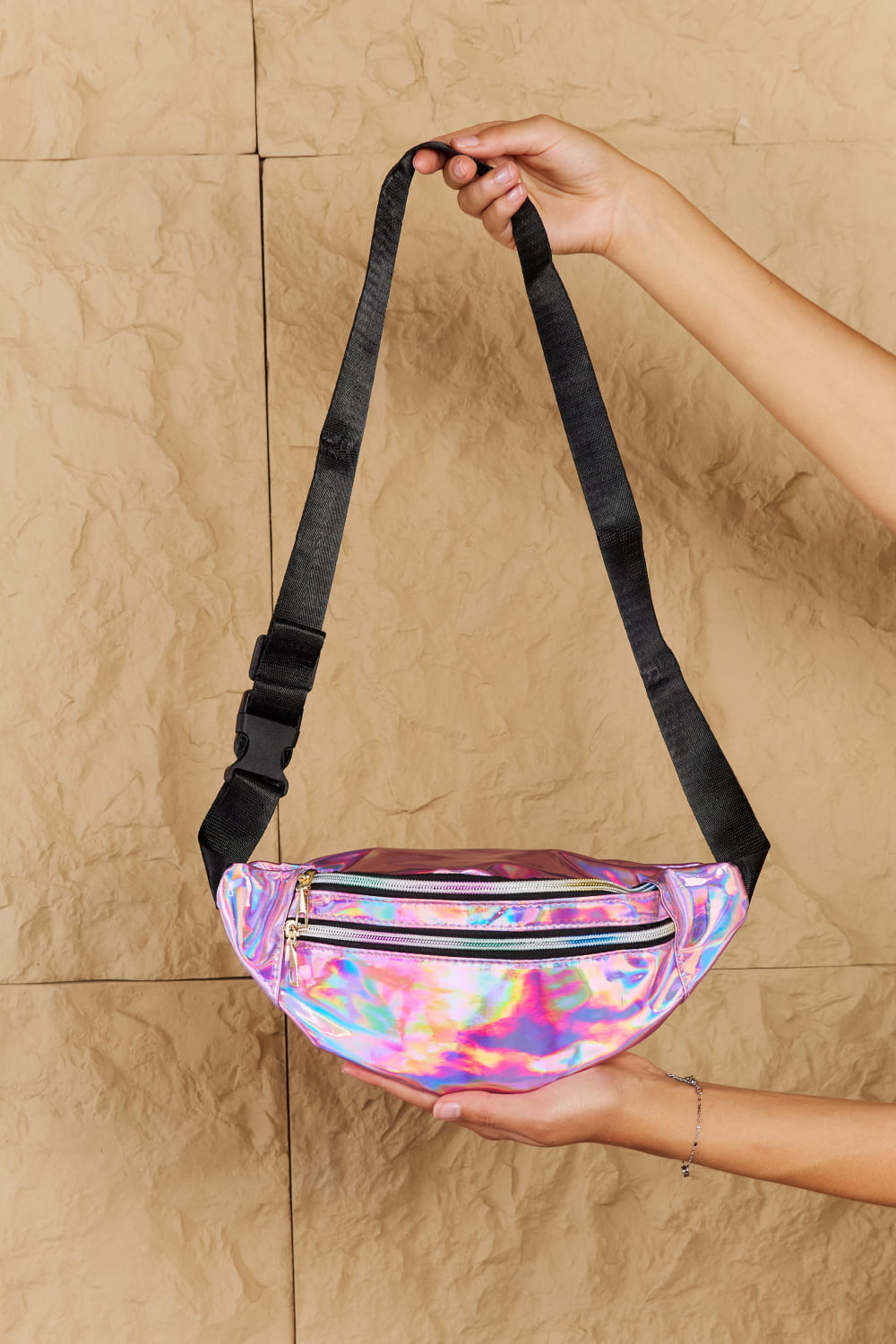 Fame Good Vibrations Holographic Double Zipper Fanny Pack in Hot Pink  - Doll Fits