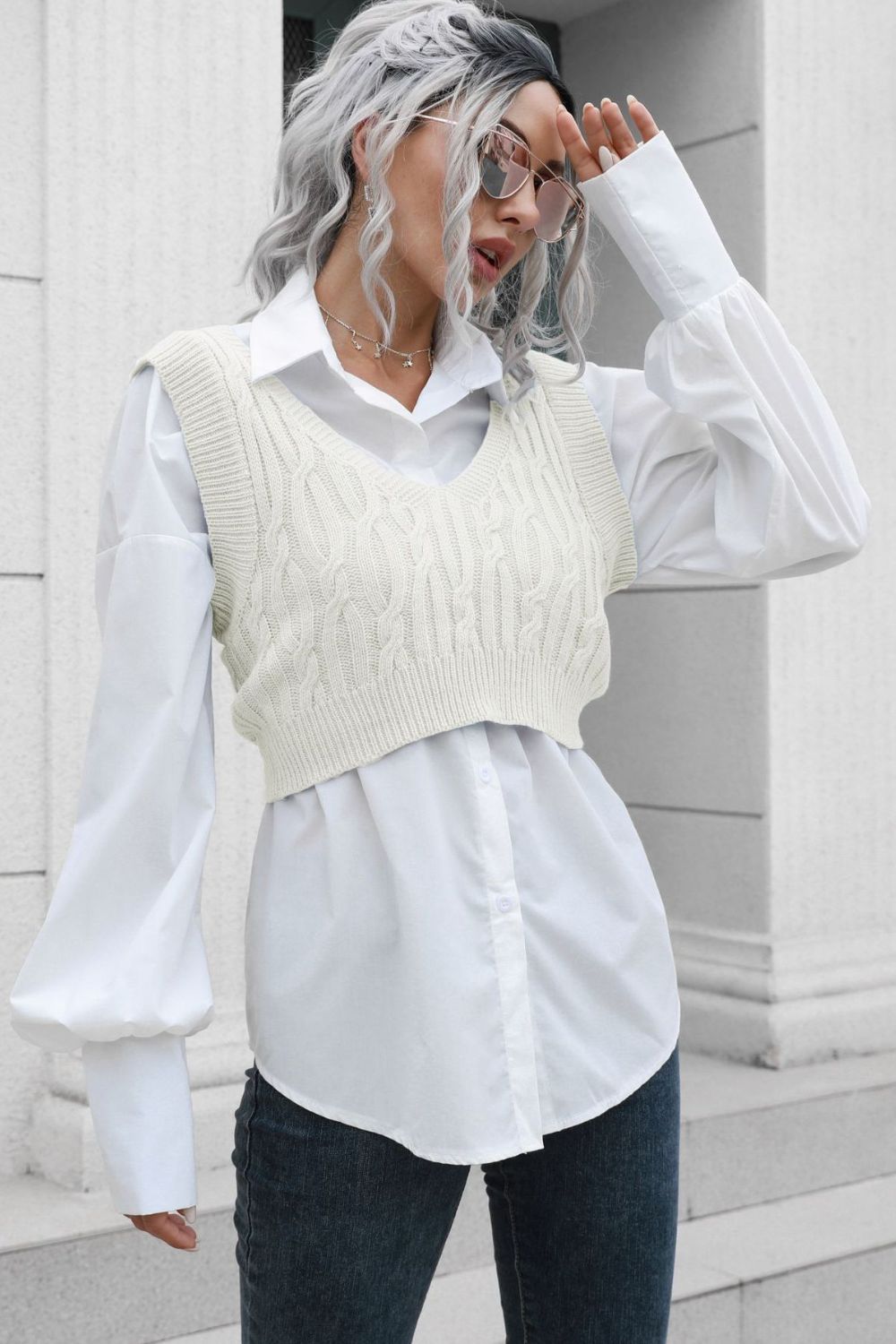 Cable-Knit Deep V Cropped Knit Vest  - Doll Fits