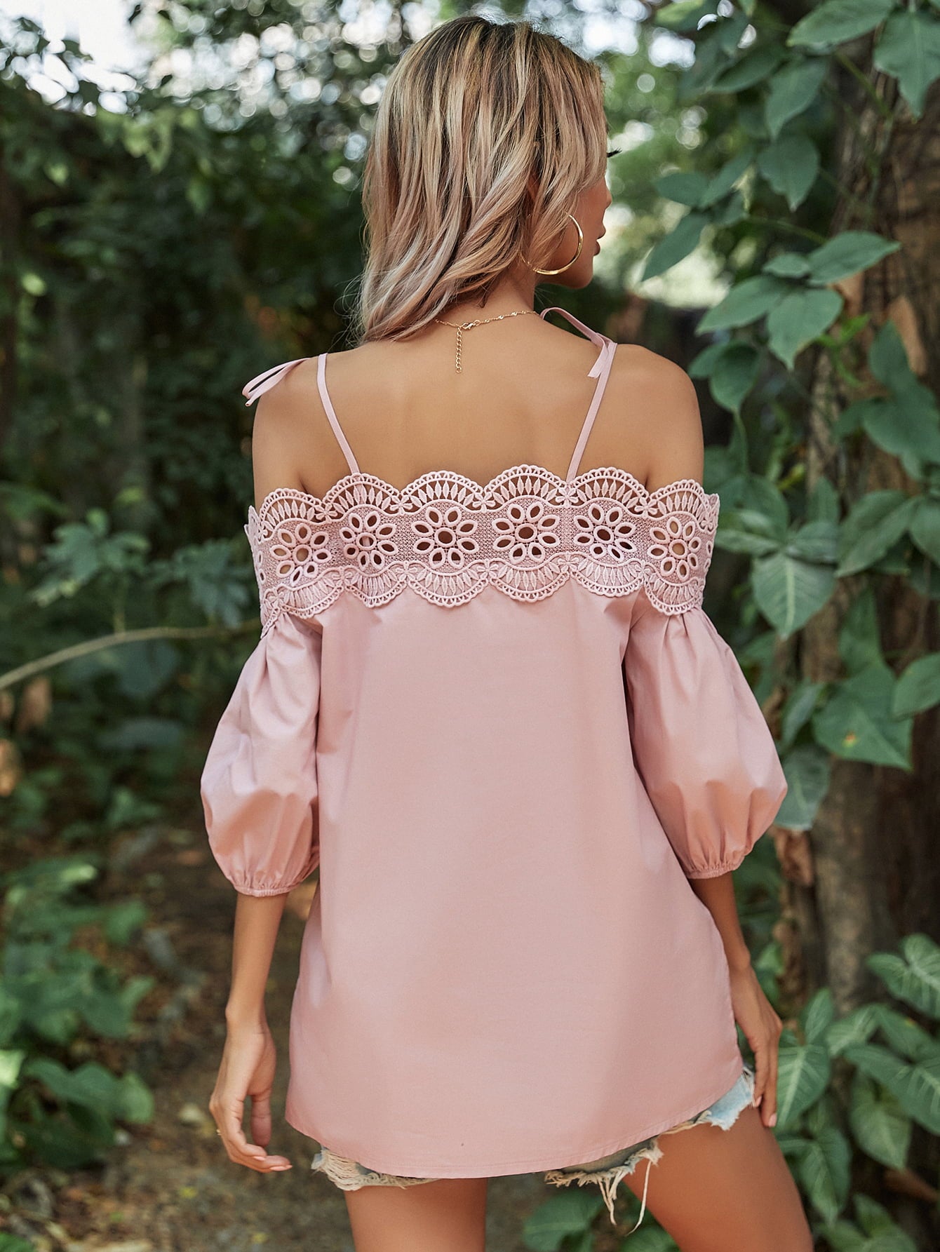 Lace Trim Off-Shoulder Bubble Sleeve Blouse  - Doll Fits