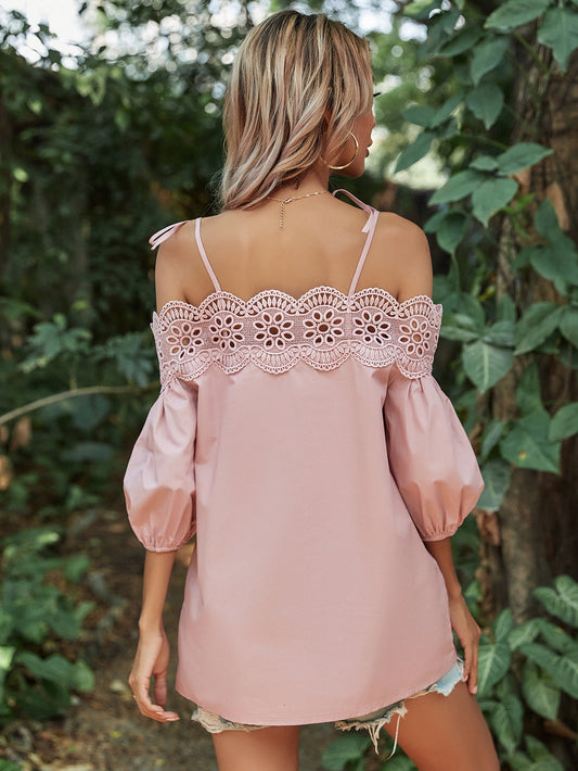 Lace Trim Off-Shoulder Bubble Sleeve Blouse  - Doll Fits