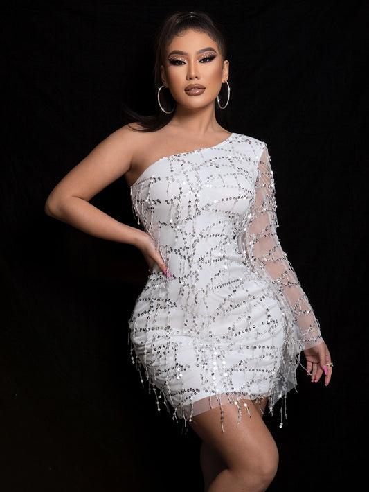 Sequin One Shoulder Spliced Mesh Sleeve Dress  Dresses- Doll Fits