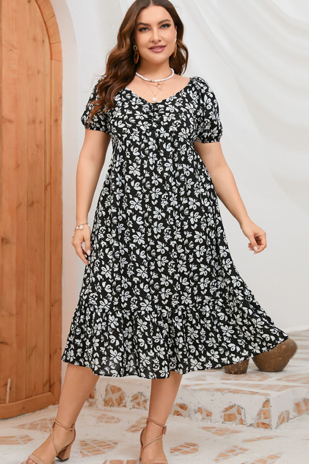 Plus Size Floral Short Sleeve Midi Dress  Dresses- Doll Fits