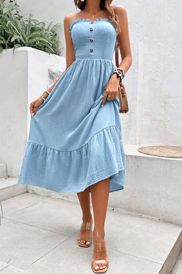 Sweetheart Neck Buttoned Sleeveless Midi Dress  Dresses- Doll Fits