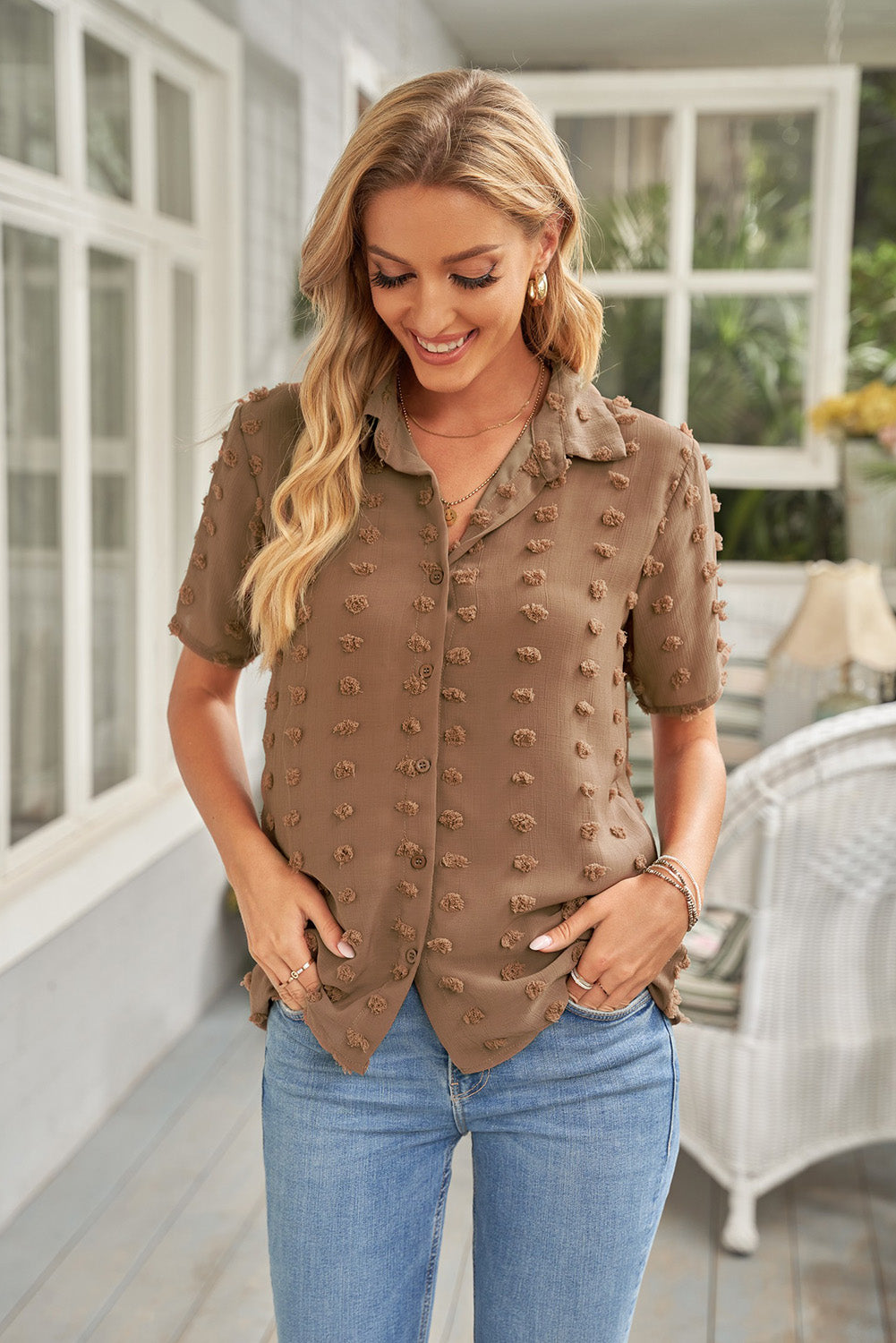 Raelynn Swiss Dot Collar Short Sleeve Shirt  Shirts & Tops- Doll Fits