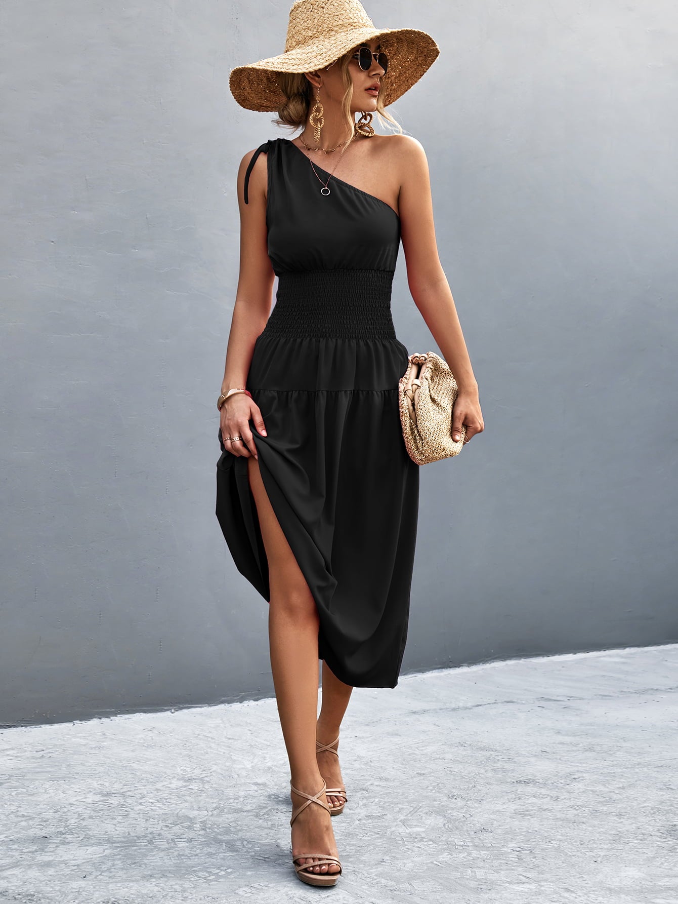 Asymmetrical One Shoulder Smocked Waist Midi Dress  Dresses- Doll Fits
