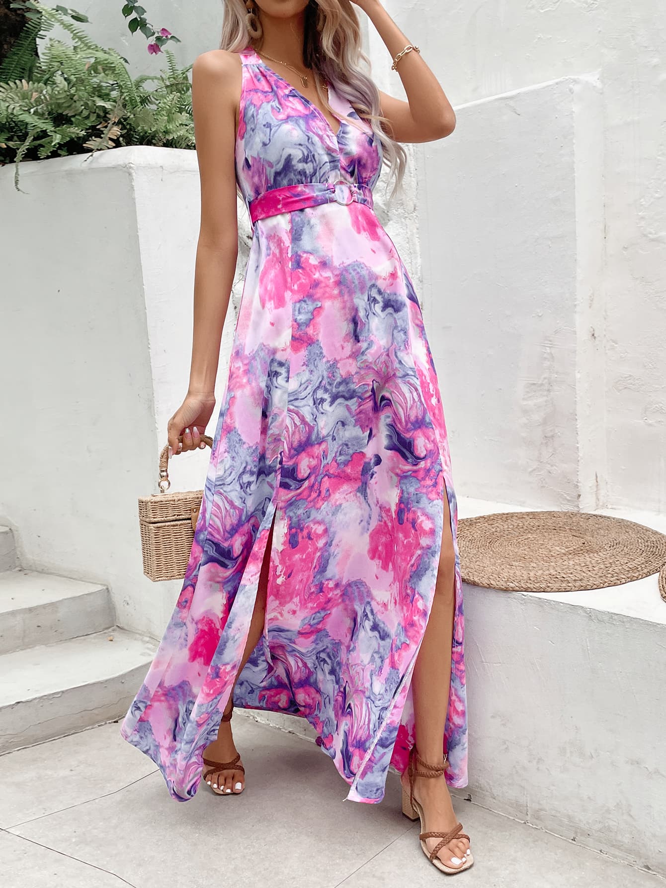 Printed Open Back Slit Sleeveless Dress  Dresses- Doll Fits