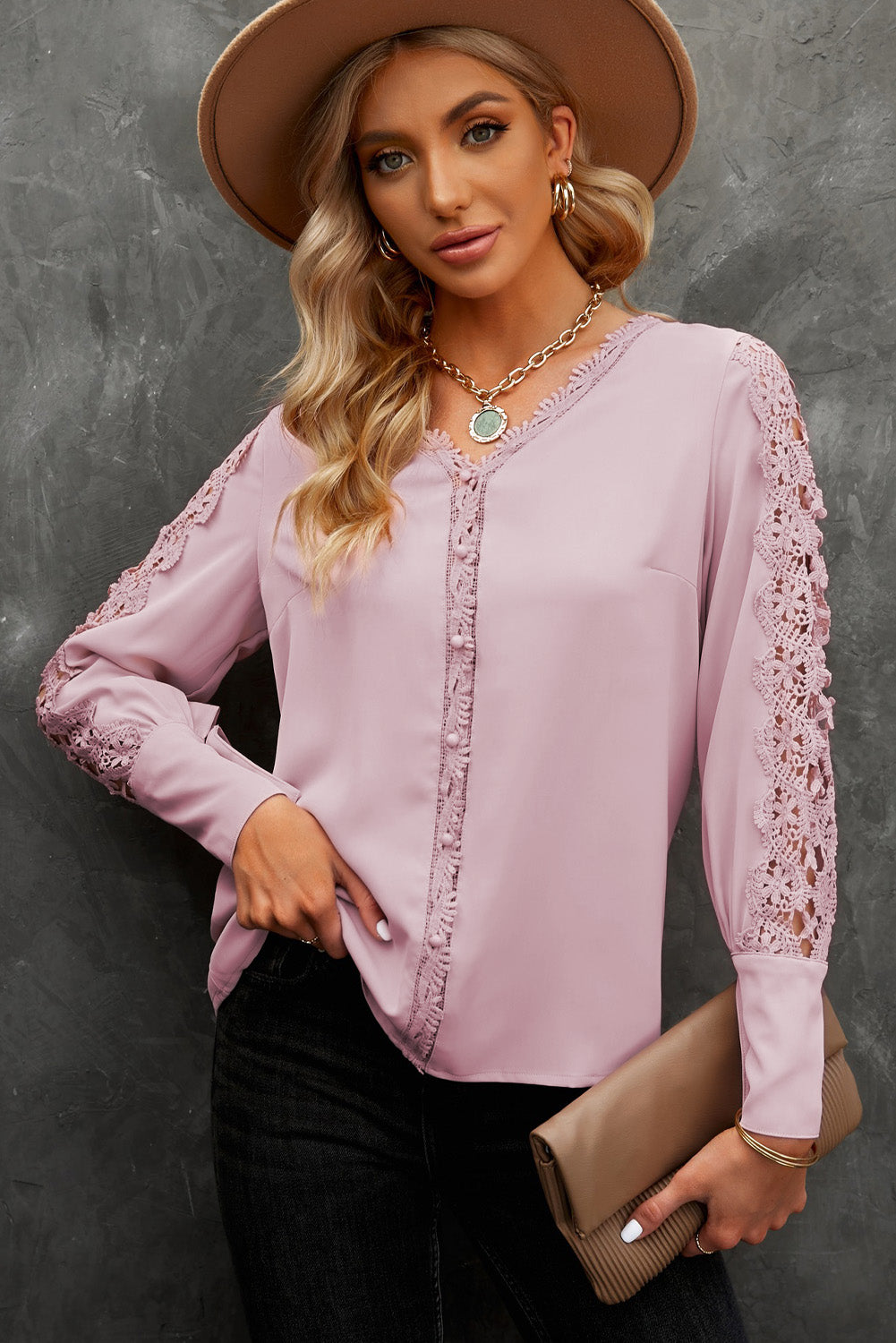 Spliced Lace V-Neck Blouse  Shirts & Tops- Doll Fits