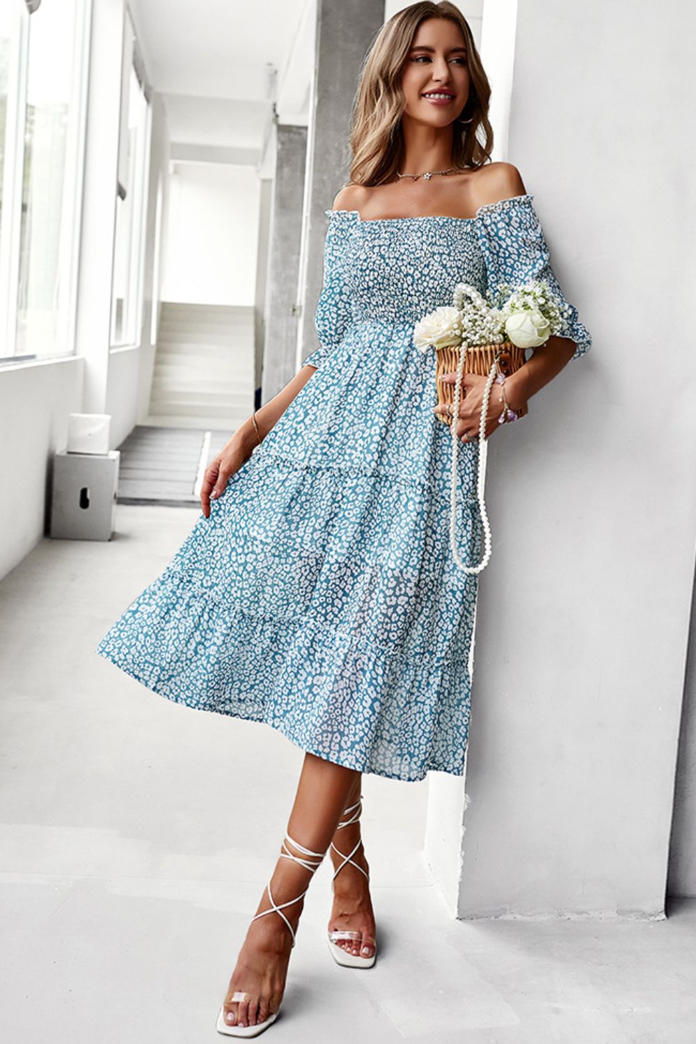 Ditsy Floral Off-Shoulder Smocked Midi Dress  Dresses- Doll Fits