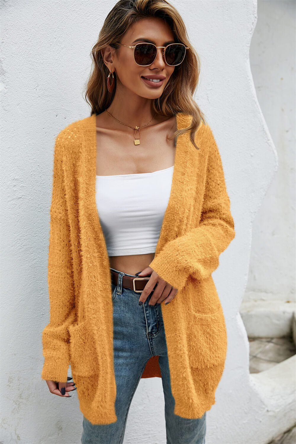 Open Front Openwork Fuzzy Cardigan with Pockets  Coats & Jackets- Doll Fits