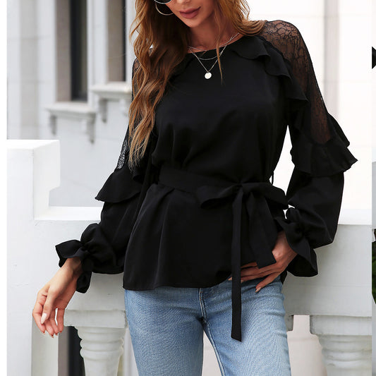 Round Neck Front Tie Flounce Sleeve Lace Cap Blouse  Shirts & Tops- Doll Fits