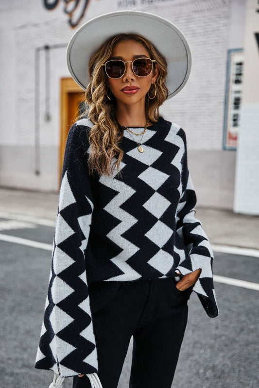 Geometric Slit Flare Sleeve Round Neck Sweater  Shirts & Tops- Doll Fits