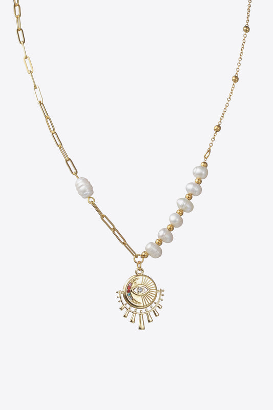Evil Eye Pendant Pearl Stainless Steel Necklace  Necklaces- Doll Fits
