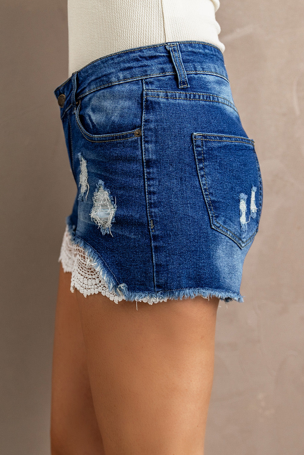 Spliced Lace Distressed Denim Shorts  - Doll Fits